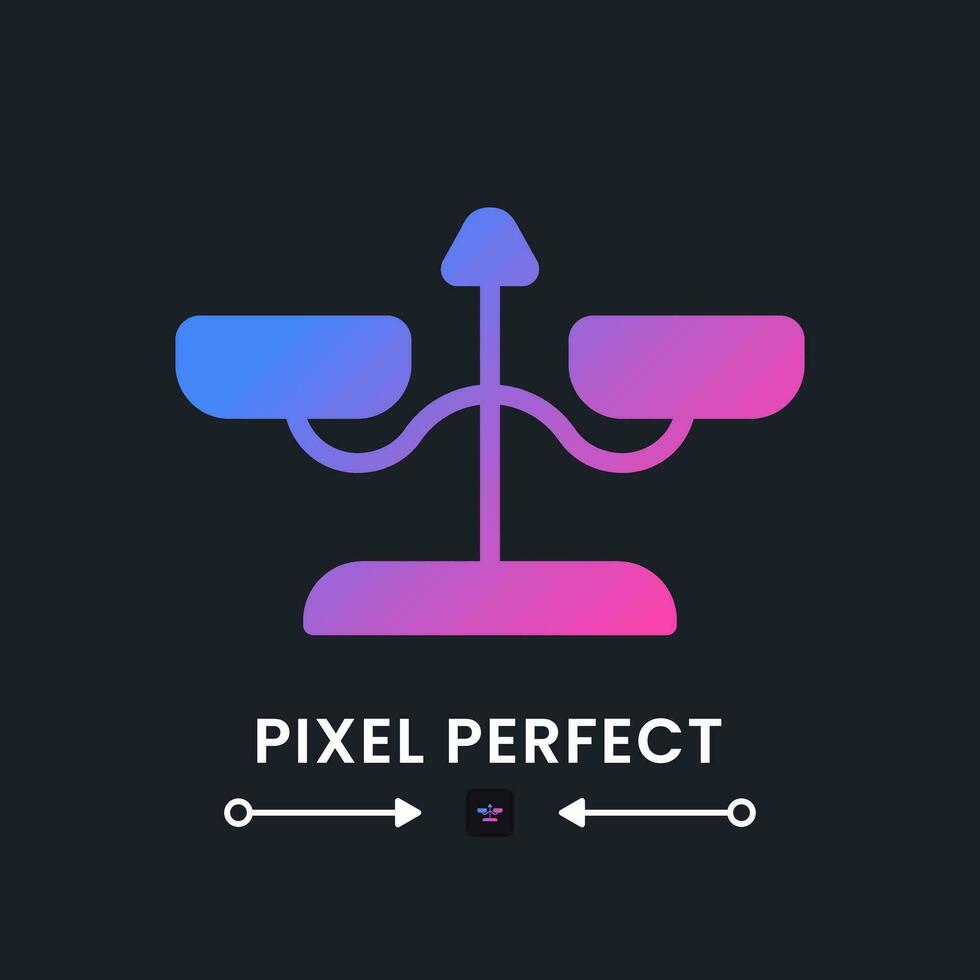 Balance scales purple solid gradient desktop icon on black. Weight measuring device. Court justice. Equality symbol. Pixel perfect, outline 4px. Glyph pictogram for dark mode. Isolated vector image