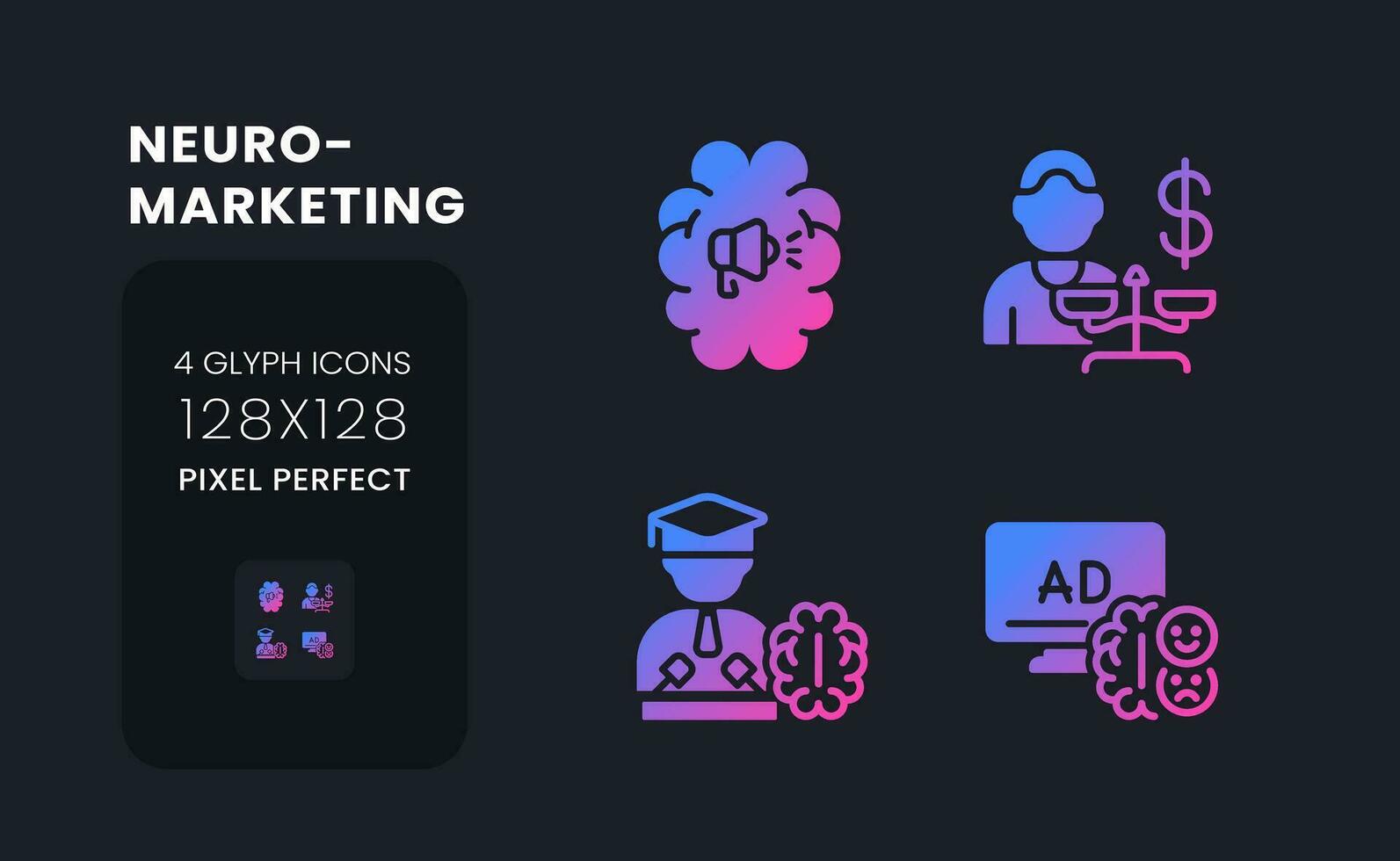 Neuromarketing purple solid gradient desktop icons. Decision making. Digital marketing. Social media. Pixel perfect 128x128, outline 4px. Glyph pictograms kit for dark theme. Isolated vector images