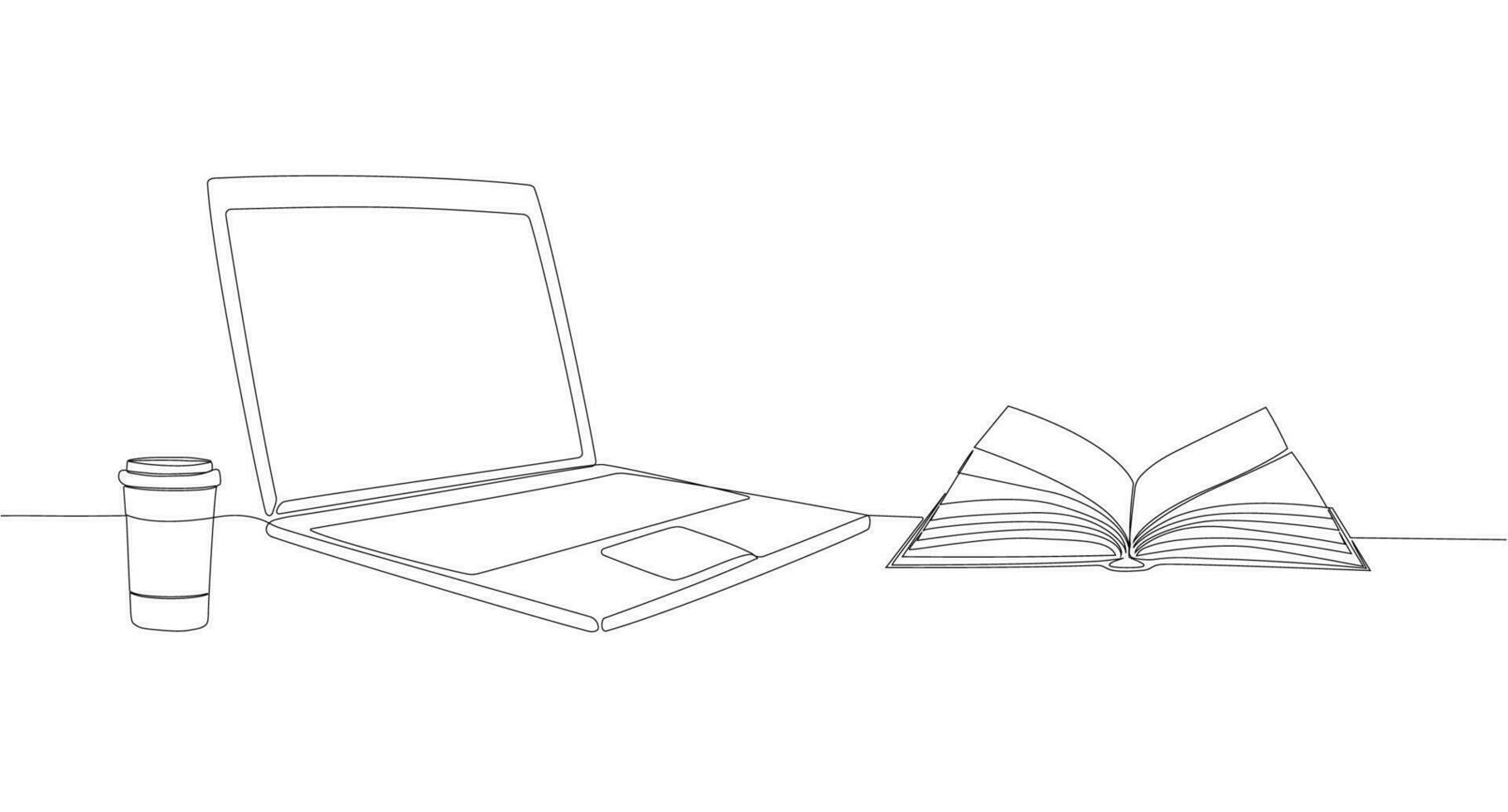 One continuous line drawing of computer laptop,paper cup of coffee and open book on table.Vector illustration. vector