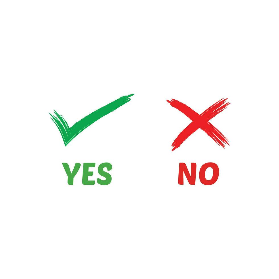 Yes or no with art brush Premium Vector. tick and cross brush signs. Green checkmark OK and red X icons, isolated on white background. Simple marks graphic design vector