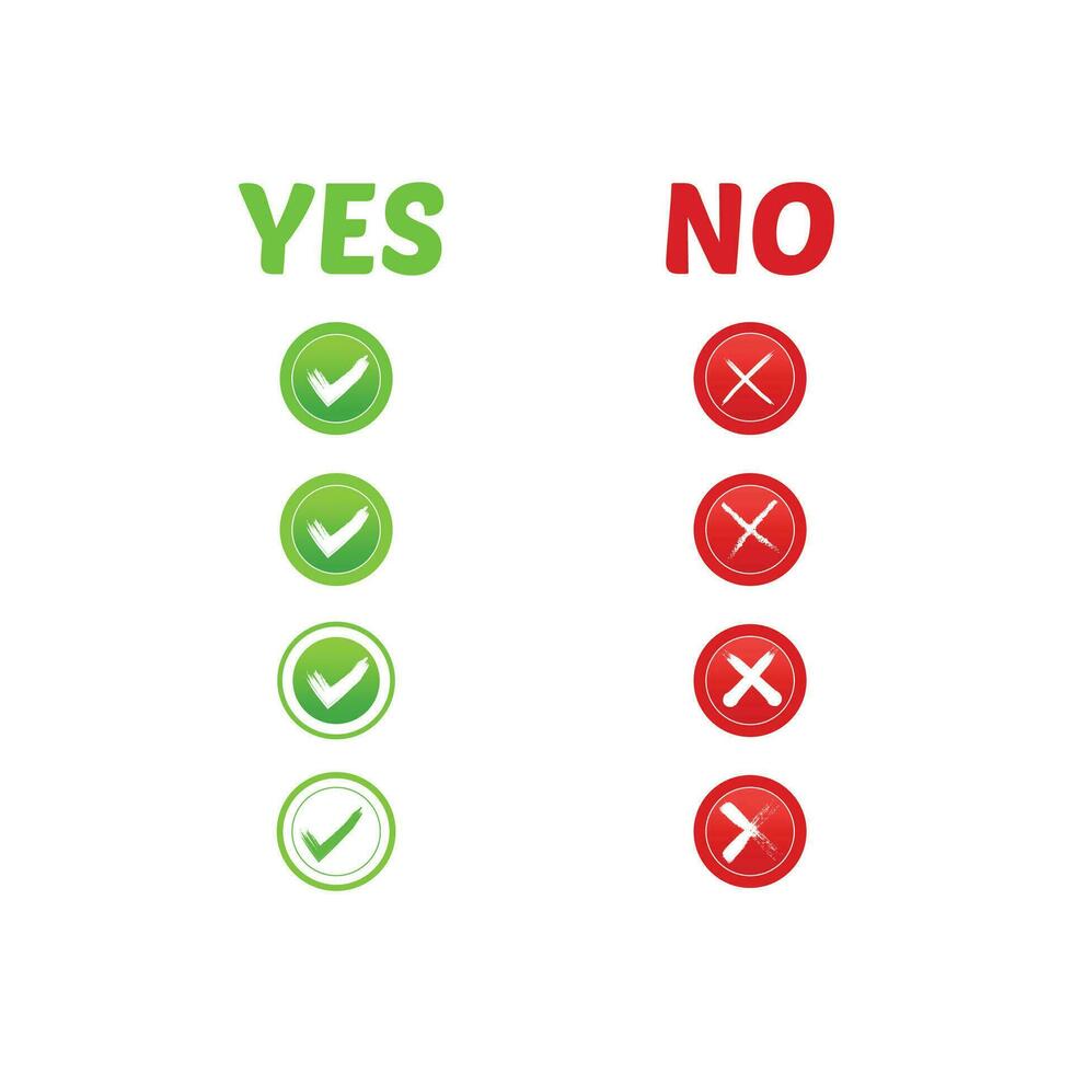 Yes or no with art brush Premium Vector. tick and cross brush signs. Green checkmark OK and red X icons, isolated on white background. Simple marks graphic design. vector