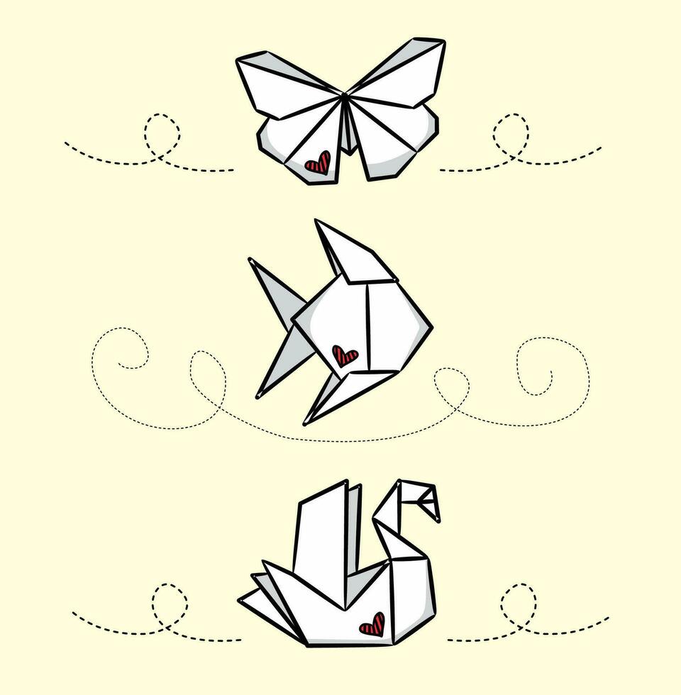 origami colocar. pez, cisne y mariposa dibujo vector