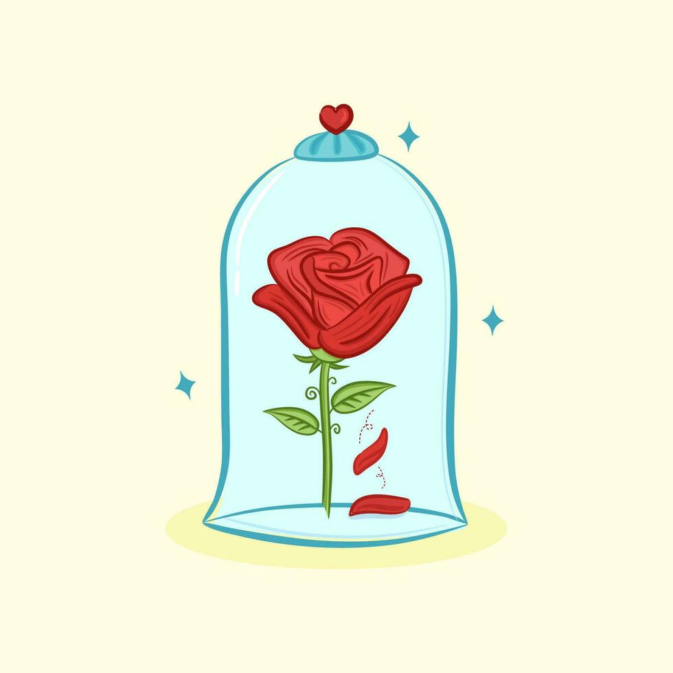 Vector cute single rose under flask glass glass dome. Red eternal flower art. Royal luxury fairy symbol. Beauty and Beast story. Vintage fairytale element