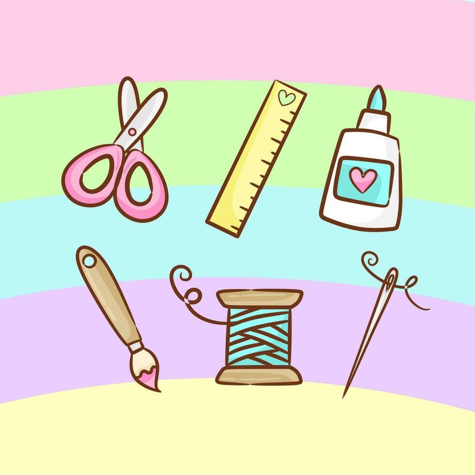 Cute set of items for crafts and sewing. Embroidery. Needle and thread. buttons. Scissors and glue ruler. Line spool. vector