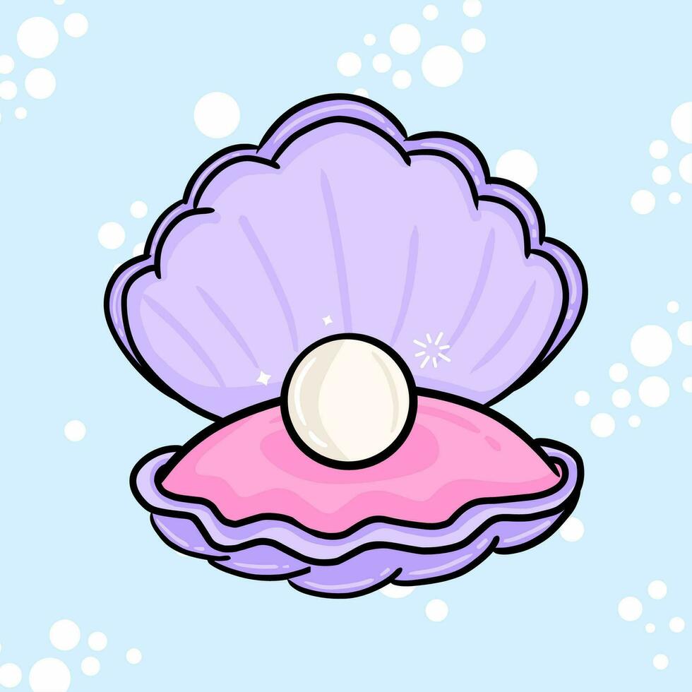 Open clam with pearl. Exotic shell with precious gem. Ocean souvenir, scallop shell, oyster. Precious pearl. Seabed. vector
