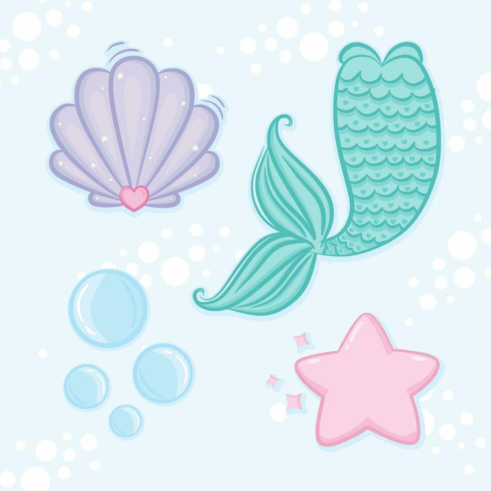 Cute cartoon sea doodle icon set. Hand drawn sea, starfish, bubbles, shell, mermaid tail vector