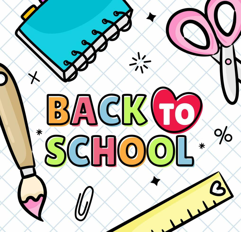 A colorful back to school poster with pencils scissors ruler and a notebook vector