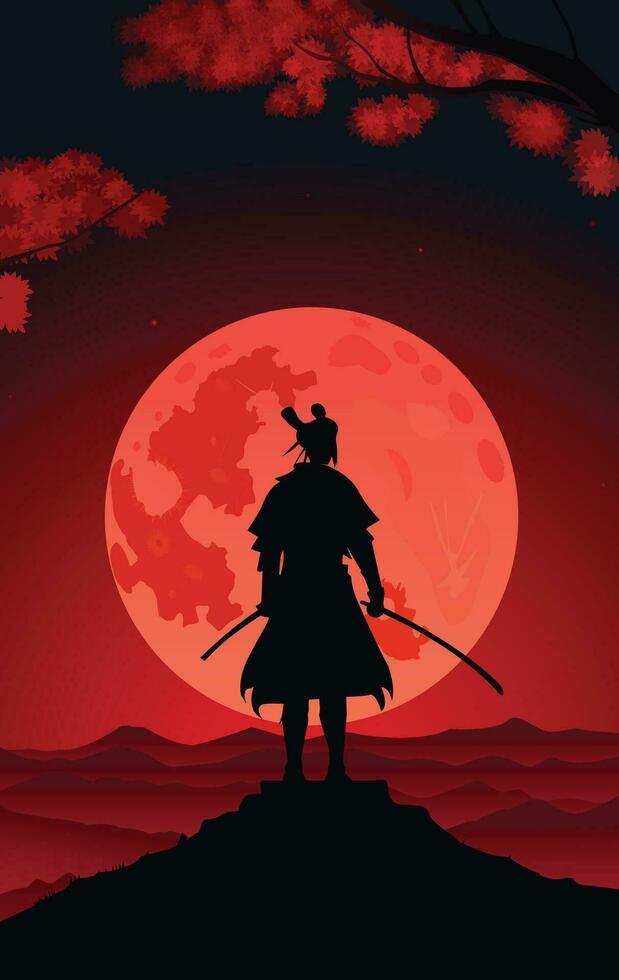 Hand-drawn cartoon Samurai at mountain flat art Illustrations in minimalist vector style