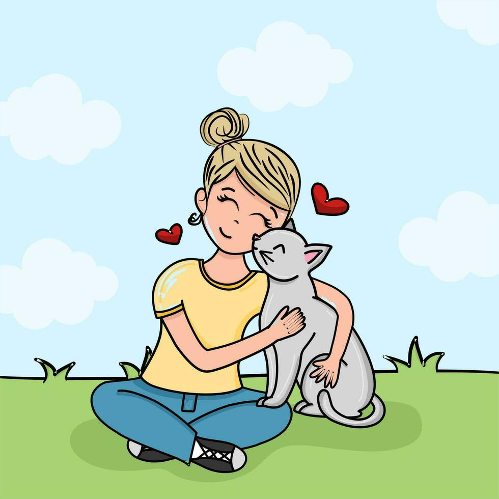 Happy Girl Holding a Cat Vector Cartoon. Cute child having a pet friend for playtime.