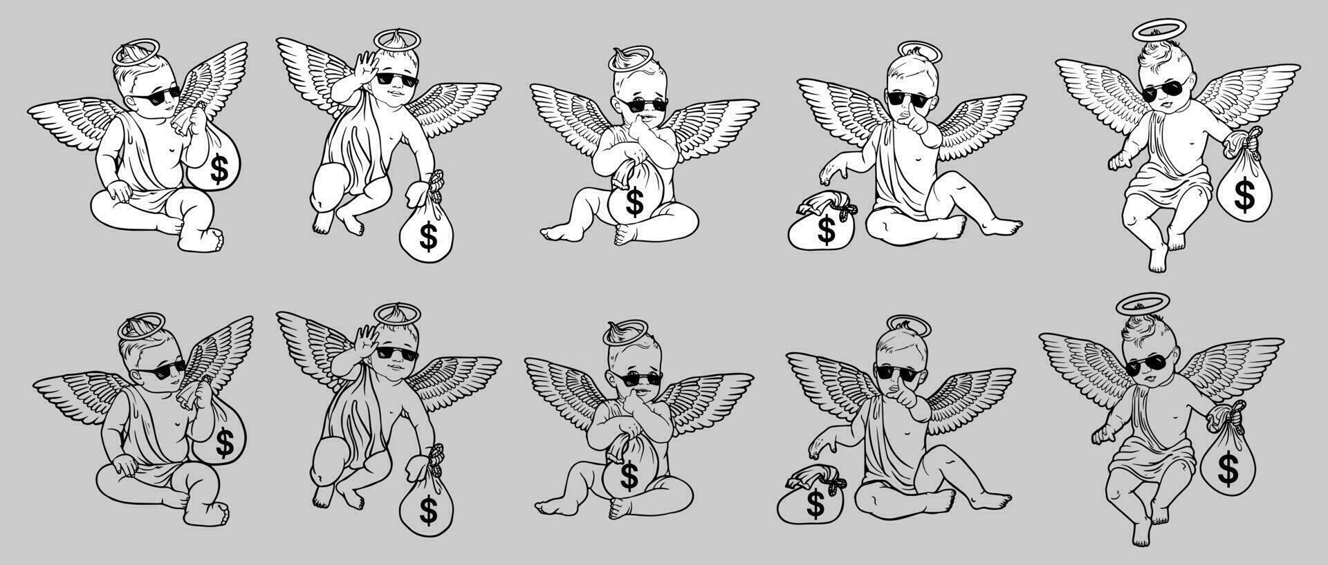 Set Cute angel with a bag of dollars vector