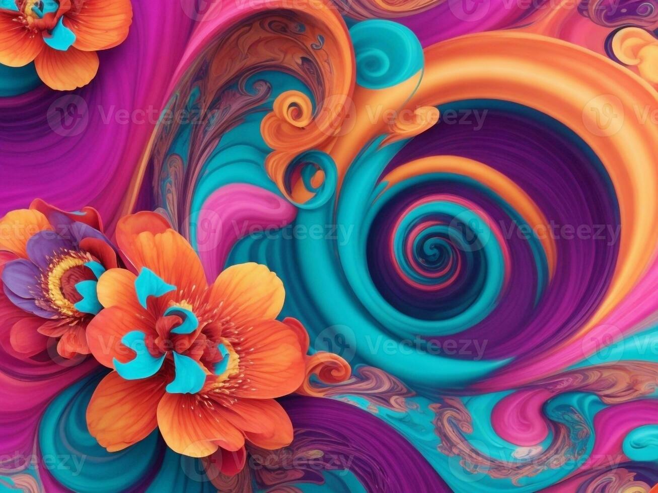 abstract colorful background with swirls and flowers in blue and orange photo