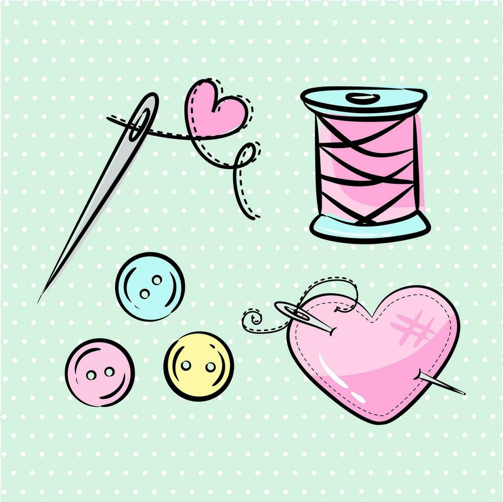 Craft Icons - Sewing icons for sewing, knitting, crafts, hobbies. Needle, buttons, thread, spool of thread. vector