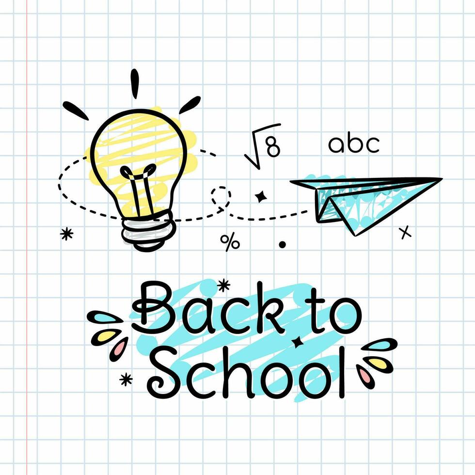 Back to school banner on a notebook sheet with a drawing of a book and a lamp vector