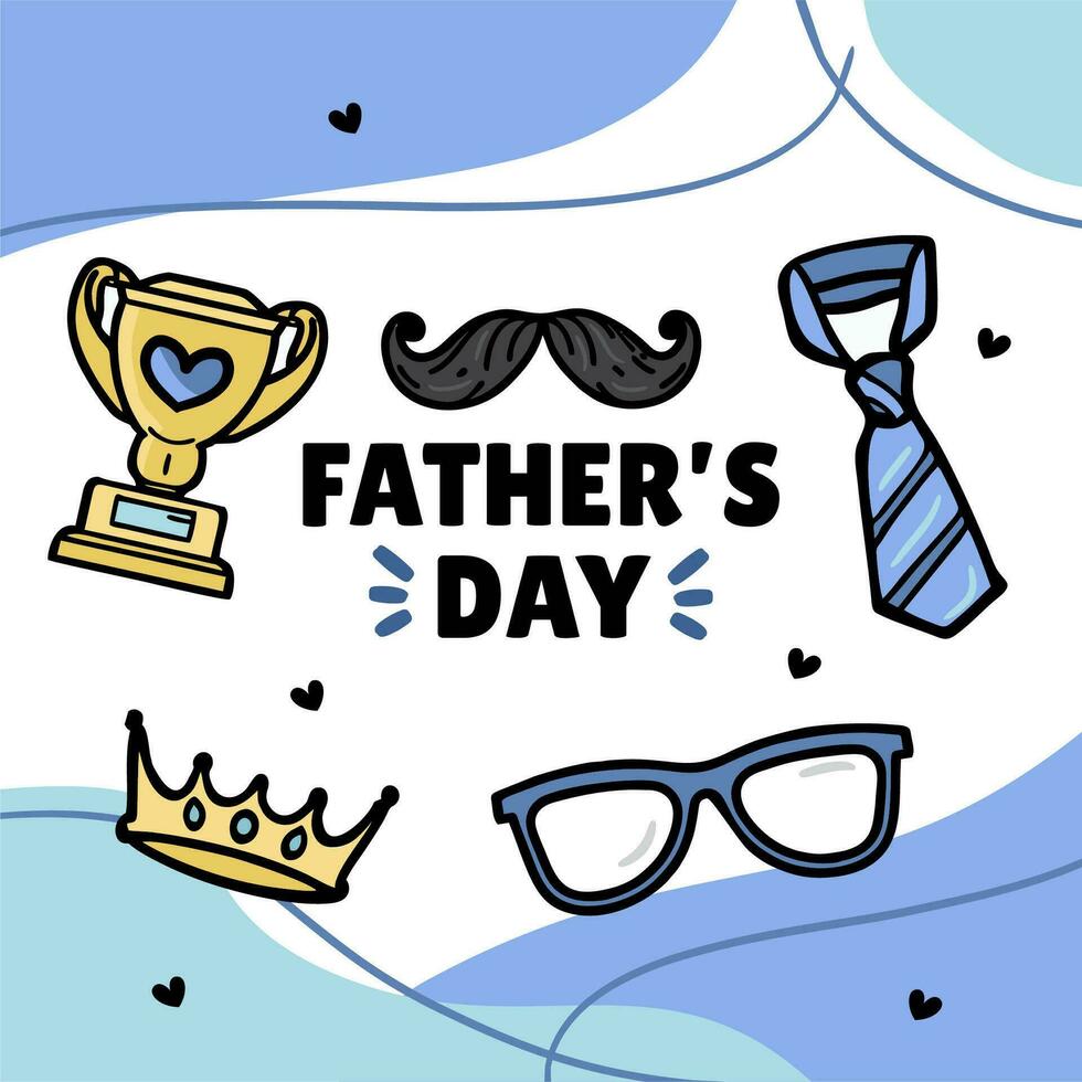 Happy fathers day banner with mustache trophy glasses and crown elements. vector