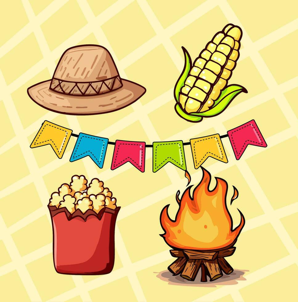 vector diseño ilustración elementos de festa junina típico de Brasil palomitas de maiz hoguera vistoso banderas