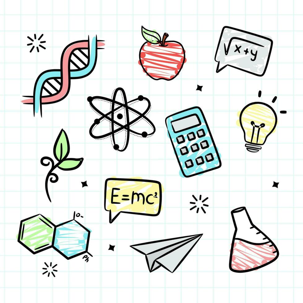 conjunto de objeto de Ciencias y química biología en laboratorio en dibujos animados estilo vector