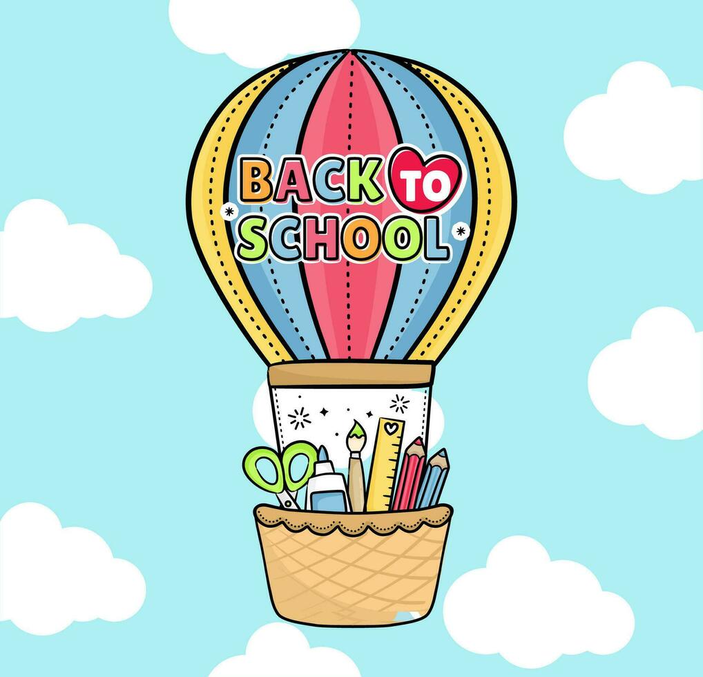 A colorful hot air balloon with the words back to school written on it vector