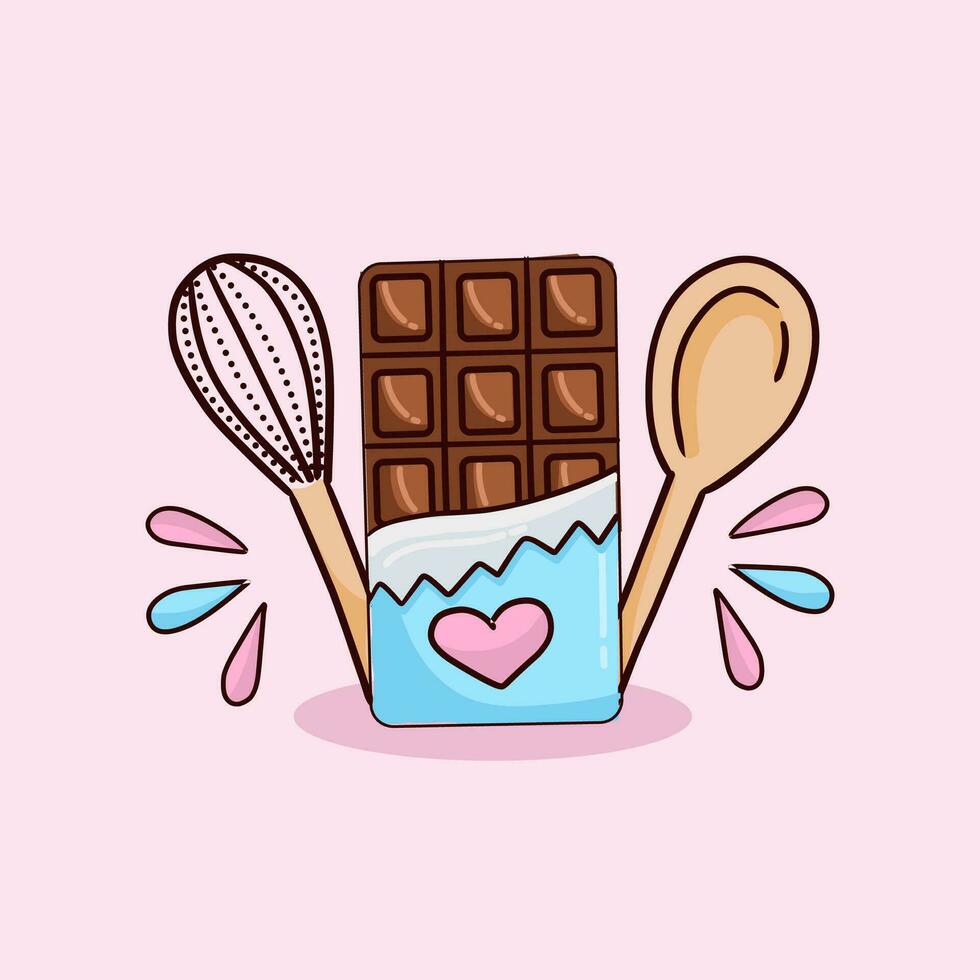 Cute chocolate bar and spoon. vector drawing.