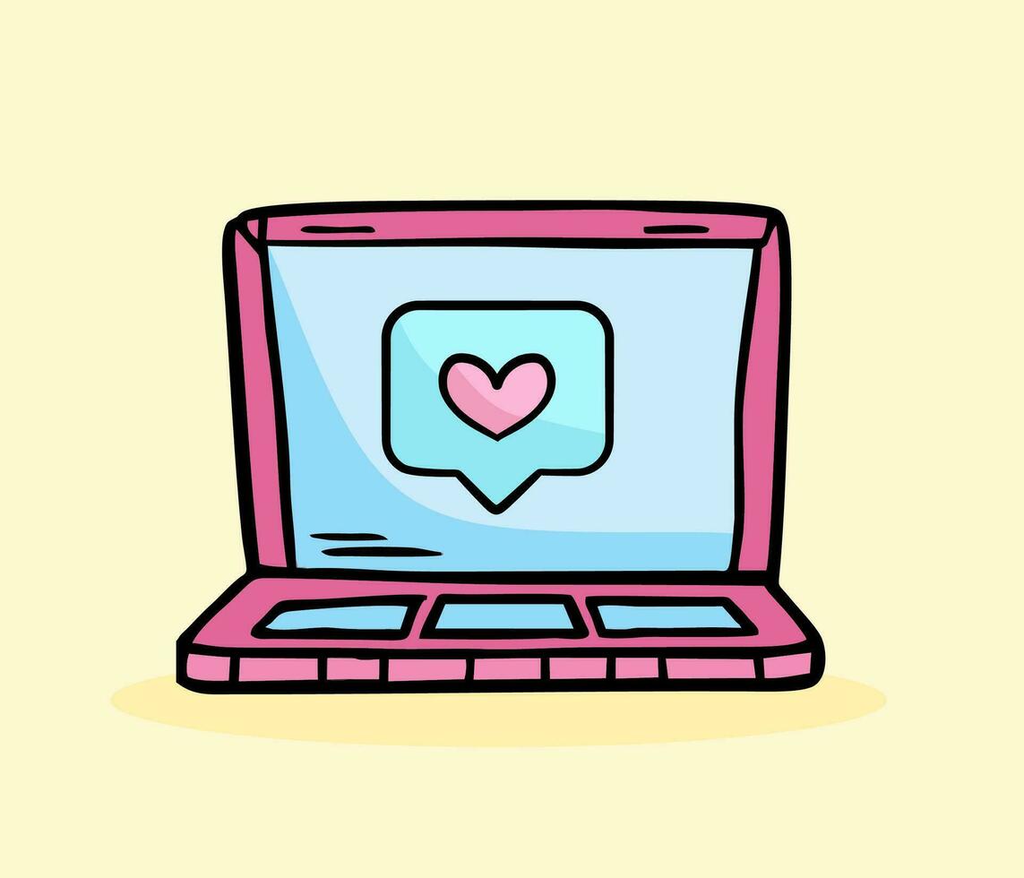 Cartoon of a cute pink laptop and a like icon on the screen vector