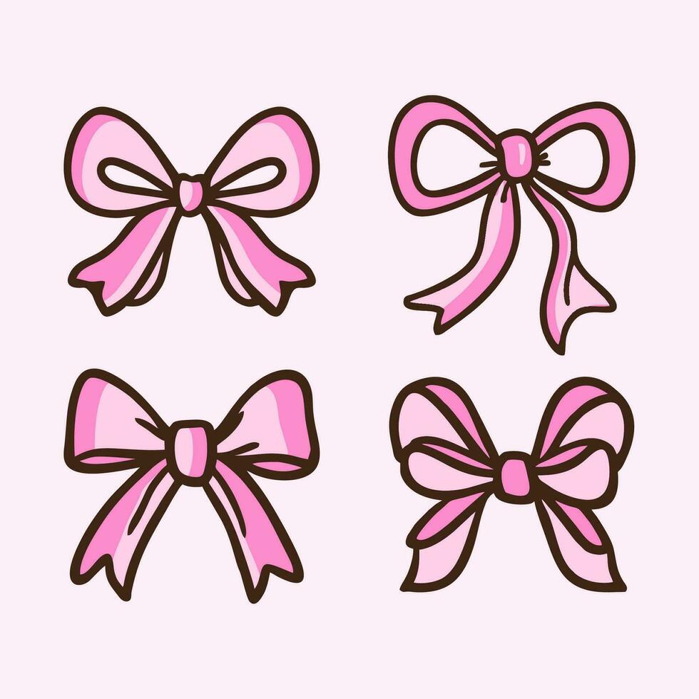 A set of pink bows on a blue background - Hand drawn ribbons set