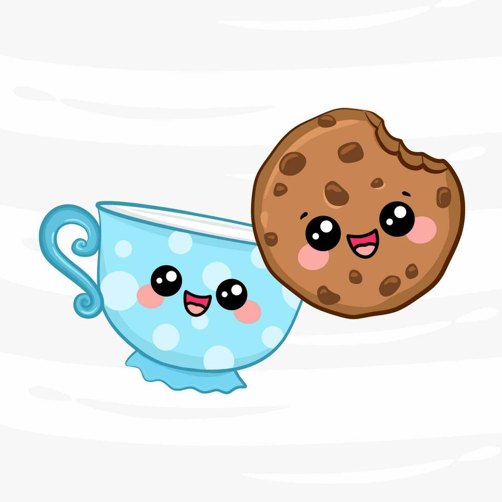 Cute happy smiling chocolate chip cookie and cup of milk. Flat cartoon vector illustration icon design. Freshly baked kawaii cuttlefish cookie with milk concept.