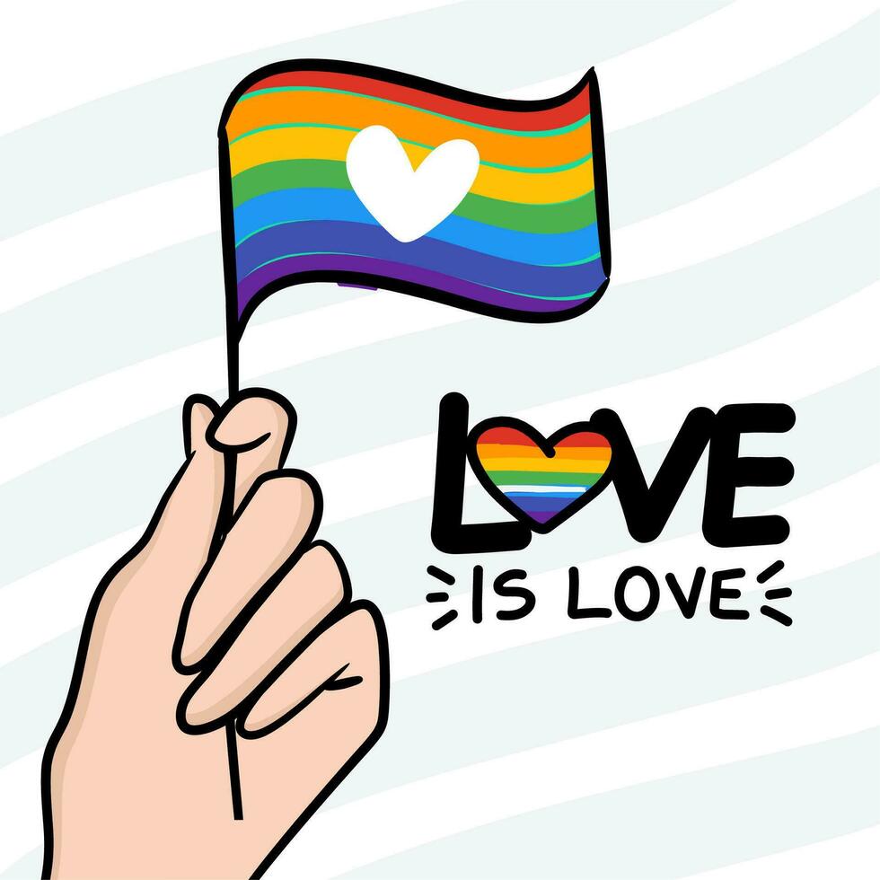 A hand holding a rainbow flag that says love is love - LGBTQIAP vector