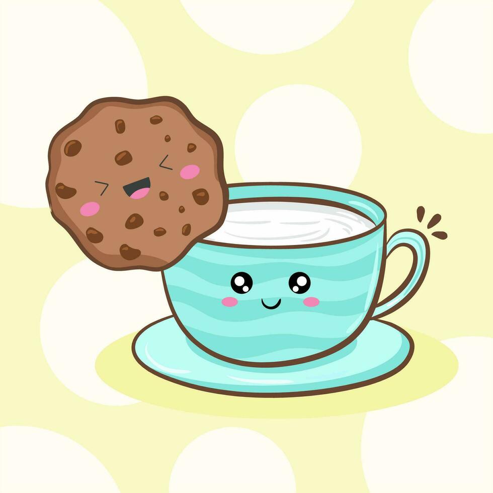 Cute happy smiling chocolate chip cookie and cup of milk. Flat cartoon vector illustration icon design. Freshly baked kawaii cuttlefish cookie with milk concept.