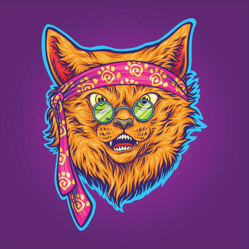 Trippy psychedelic funky hippie cat vector illustrations for your work logo, merchandise t-shirt, stickers and label designs, poster, greeting cards advertising business company