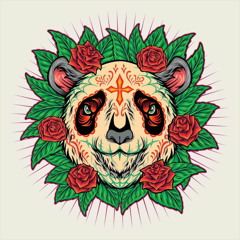 Panda calavera dia de los muertos floral vector illustrations for your work logo, merchandise t-shirt, stickers and label designs, poster, greeting cards advertising business company