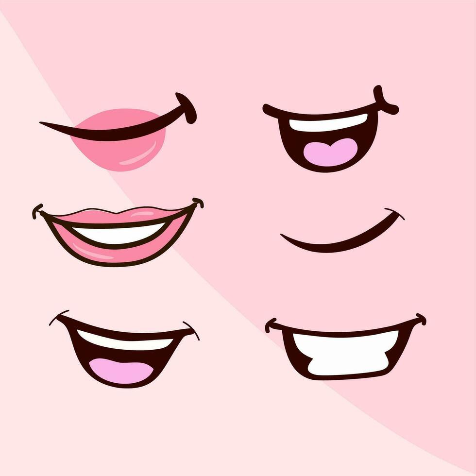 varios abierto boca opciones con labios, lengua y dientes. sonrisa con dientes, lengua pega afuera, sorprendido. gracioso dibujos animados bocas conjunto con diferente expresiones dibujos animados vector