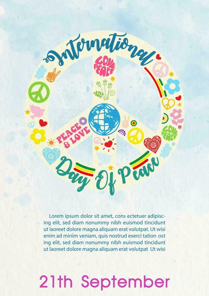 Peace sign with peace icon pattern  and the day and name if event, example texts on blue watercolor background. Poster's concept of Peace day campaign in vector design.