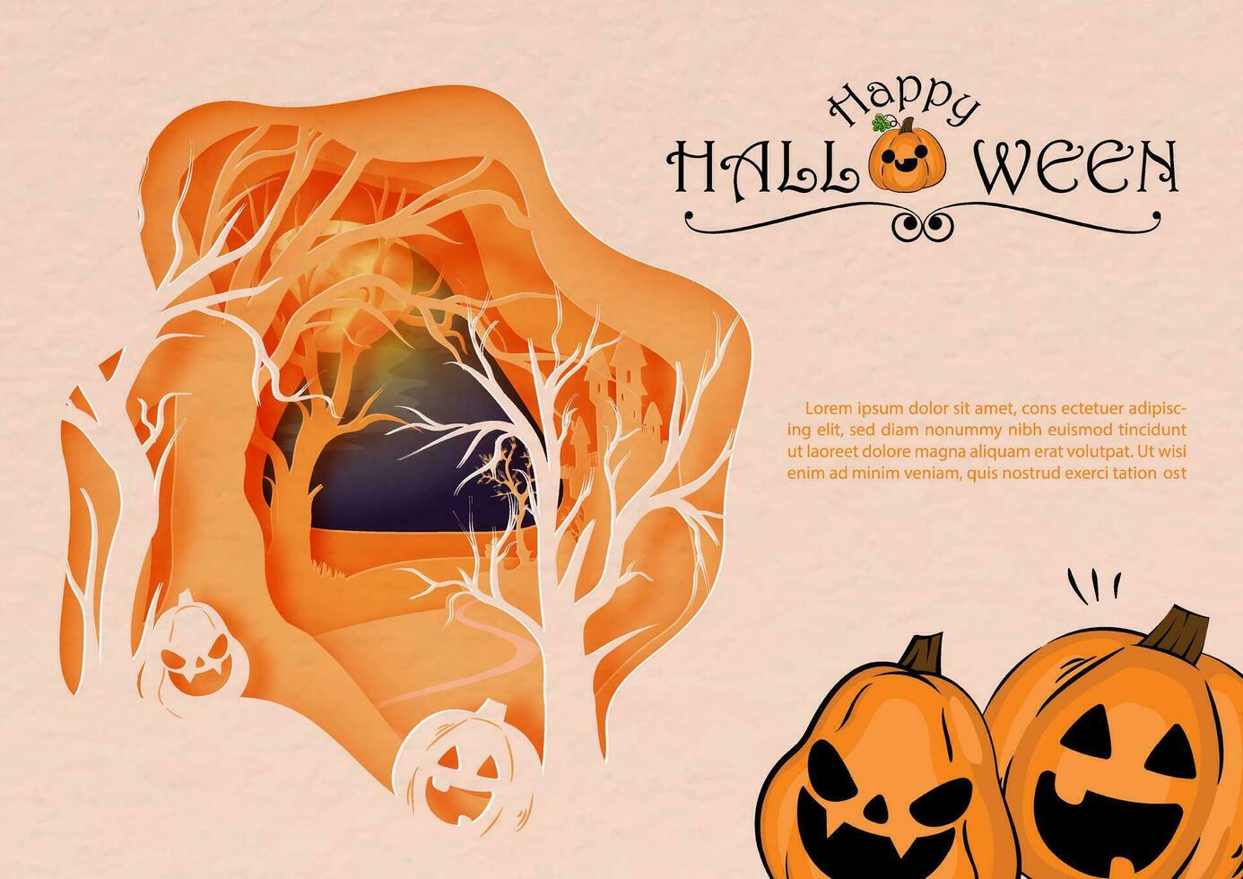 Scene of Halloween spooky forest in paper cut style with autumn pumpkins jack's o lantern and vector design. Halloween greeting card.