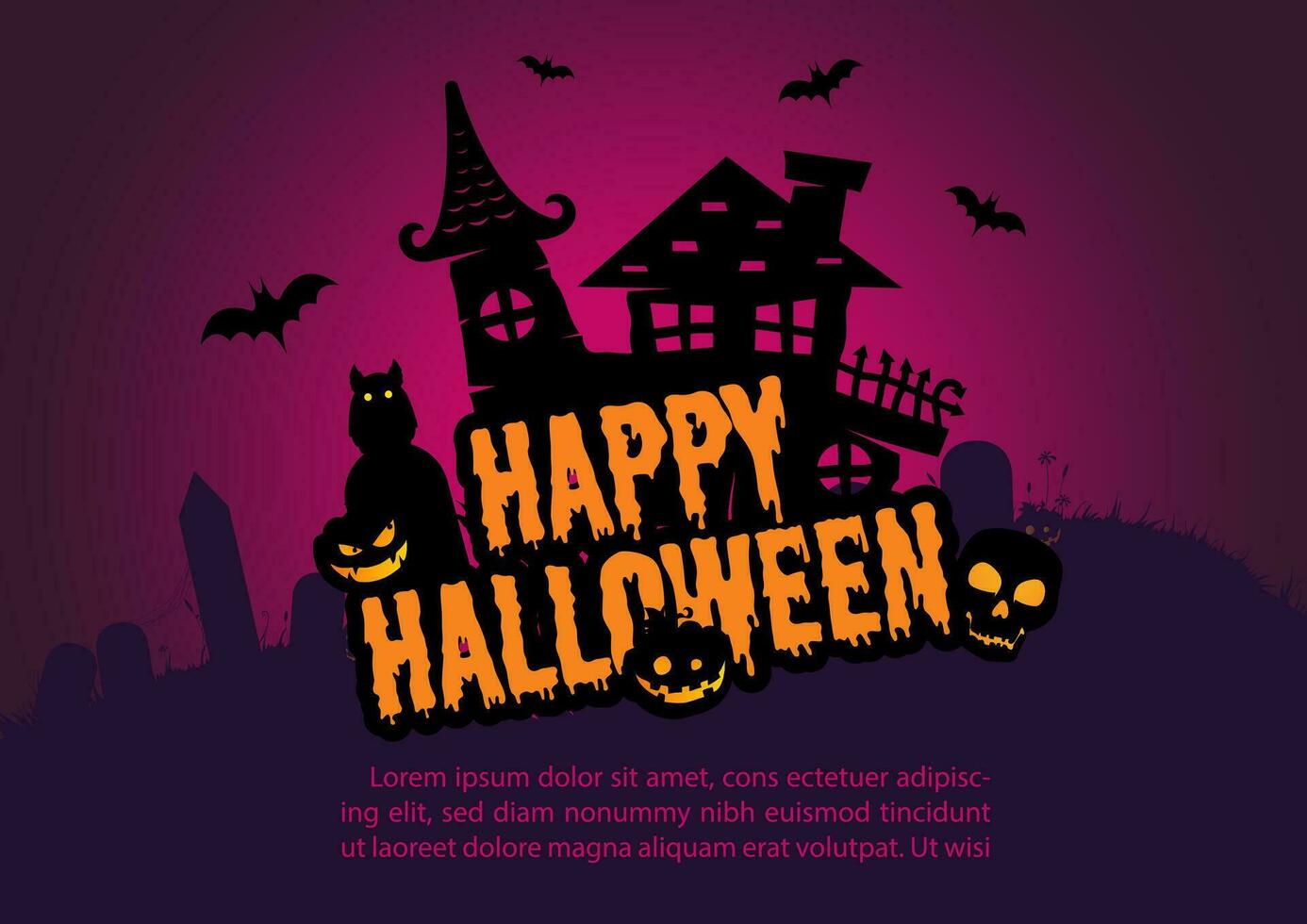 Silhouette spooky haunted house with Halloween wording on glowing purple light background vector