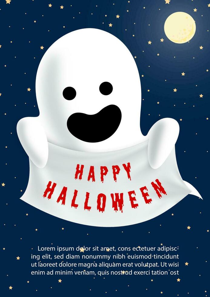 Cute ghost holding cloth label with Halloween wording and example texts on night scene background. Poster holiday of Halloween day in vector design.