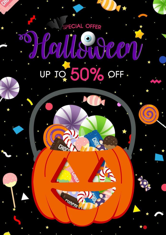Jack's o lantern candy box with sale wording on black background. Halloween sale banner in paper cut style and vector design.