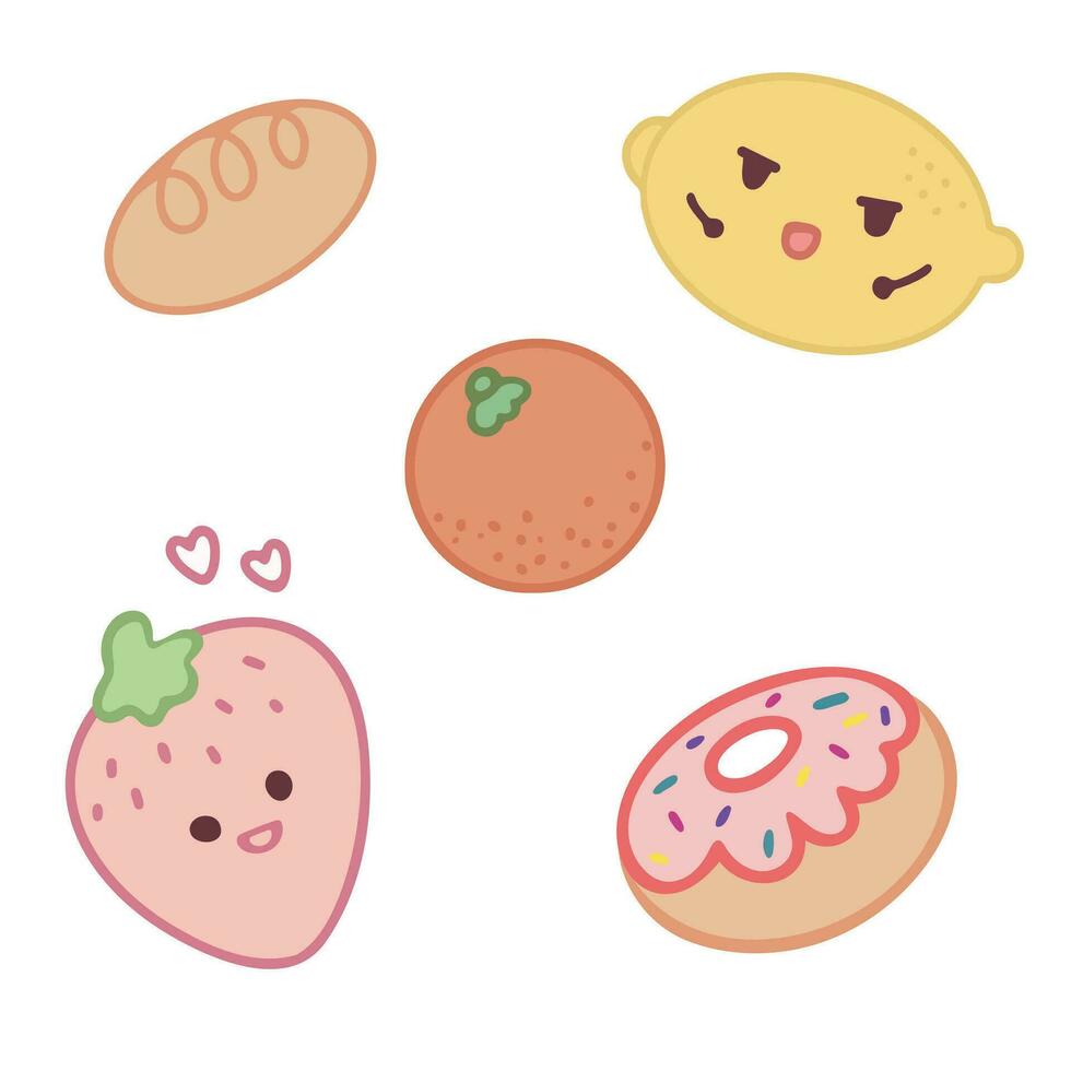 Fruit collection in flat hand drawn style illustrations. Tropical fruit and graphic design elements.cute cartoon sweets and desserts. Hand drawn cute food Vector illustration.