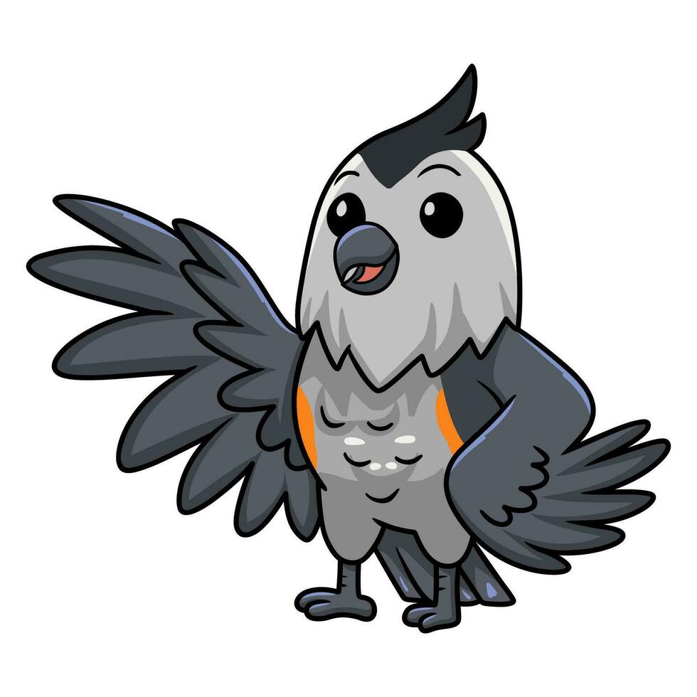 Cute black crested titmouse cartoon waving hand vector