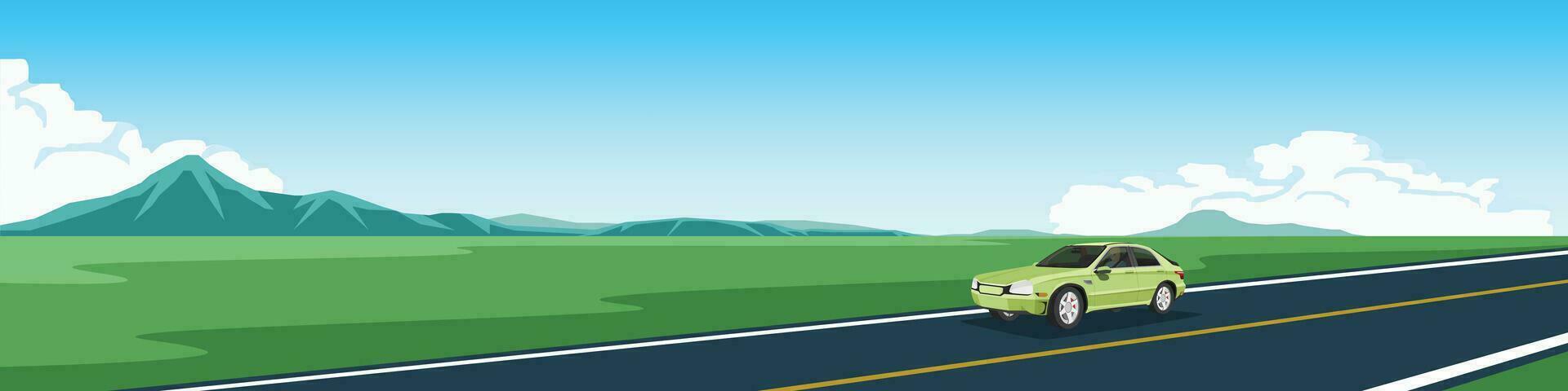 Vector or Illustrator and Landscape view. Classic car travel trip to nature on asphalt road. Road cuts across the vast plains with a complex mountainous background. Under blue sky and white clouds.