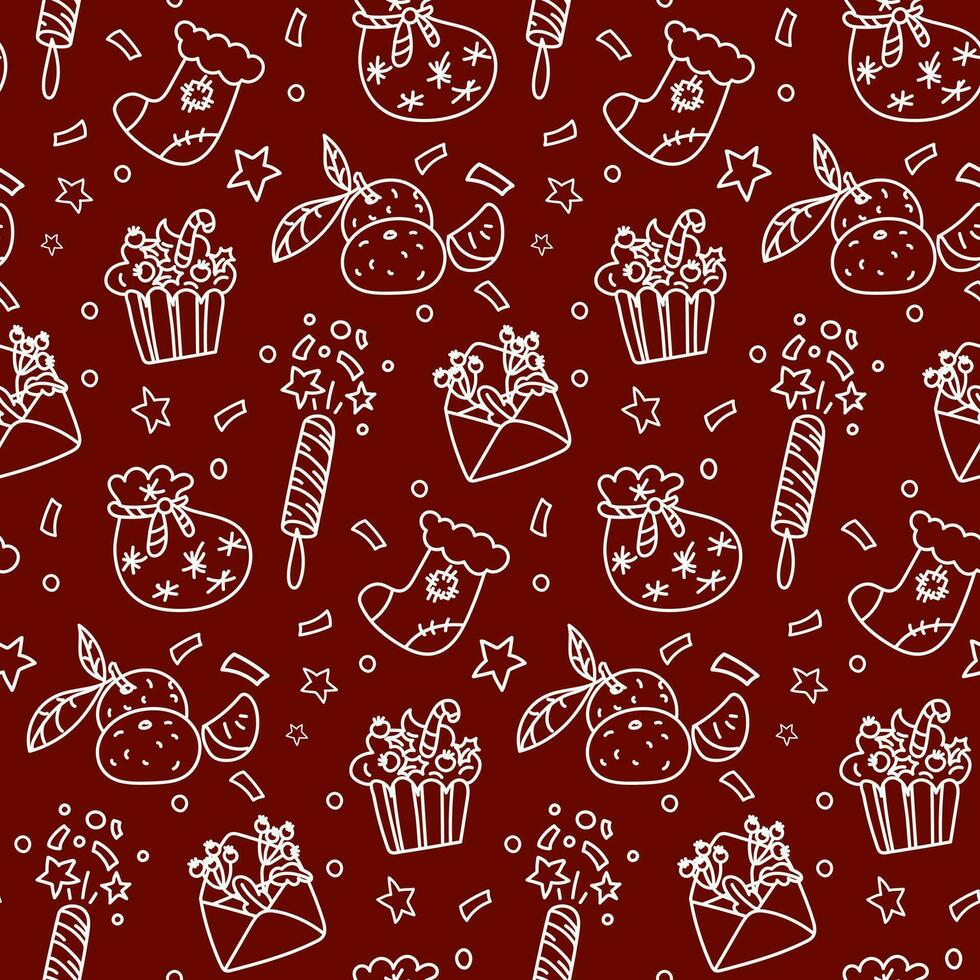 Christmas doodle with seamless pattern on red background. Happy texture of a winter holiday. Happy New Year. Draw the contours of decorative design elements in retro style. Packaging vector