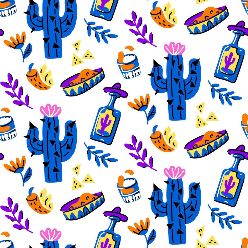 mexicano sin costura modelo con cactus, tequila, nachos, pimienta, flores en un blanco antecedentes. textura para un fiesta. día de el muerto, cinco Delaware mayonesa, de mexico fiesta festival vector