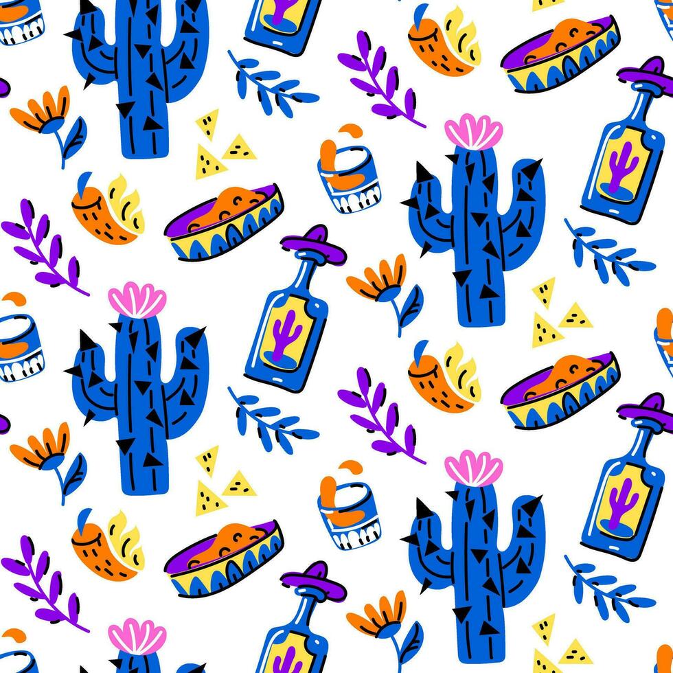 Mexican seamless pattern with cactus, tequila, nachos, pepper, flowers on a white background. Texture for a party. Day of the Dead, Cinco de Mayo, Mexico's holiday festival vector