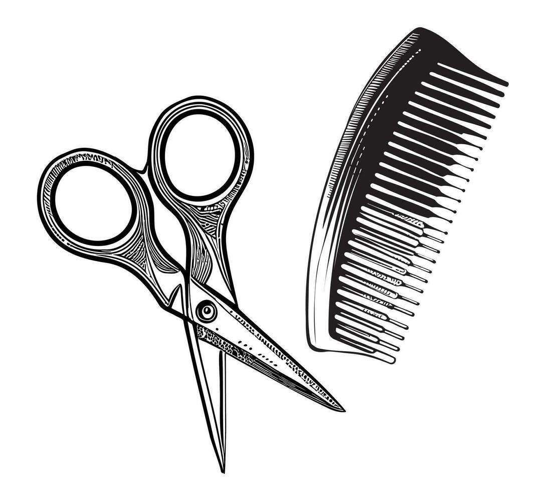 Scissors and combing hair sketch hand drawn in doodl style vector illustrations hairdresser