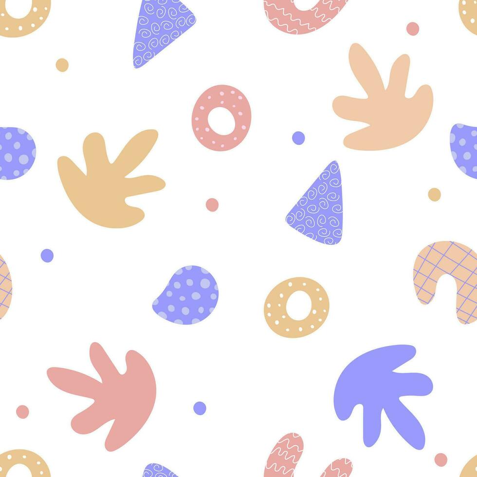Abstract seamless shape with colorful geometric patterns. Flat cartoon background, simple random shapes in bright childish colors. Seamless pattern vector