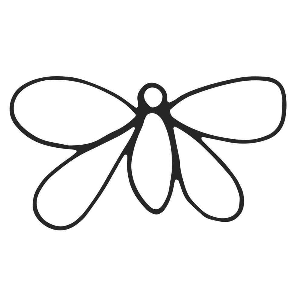 Butterfly, simple line drawing, black outline. Hand drawn, vector, on white background isolated. View from above. vector