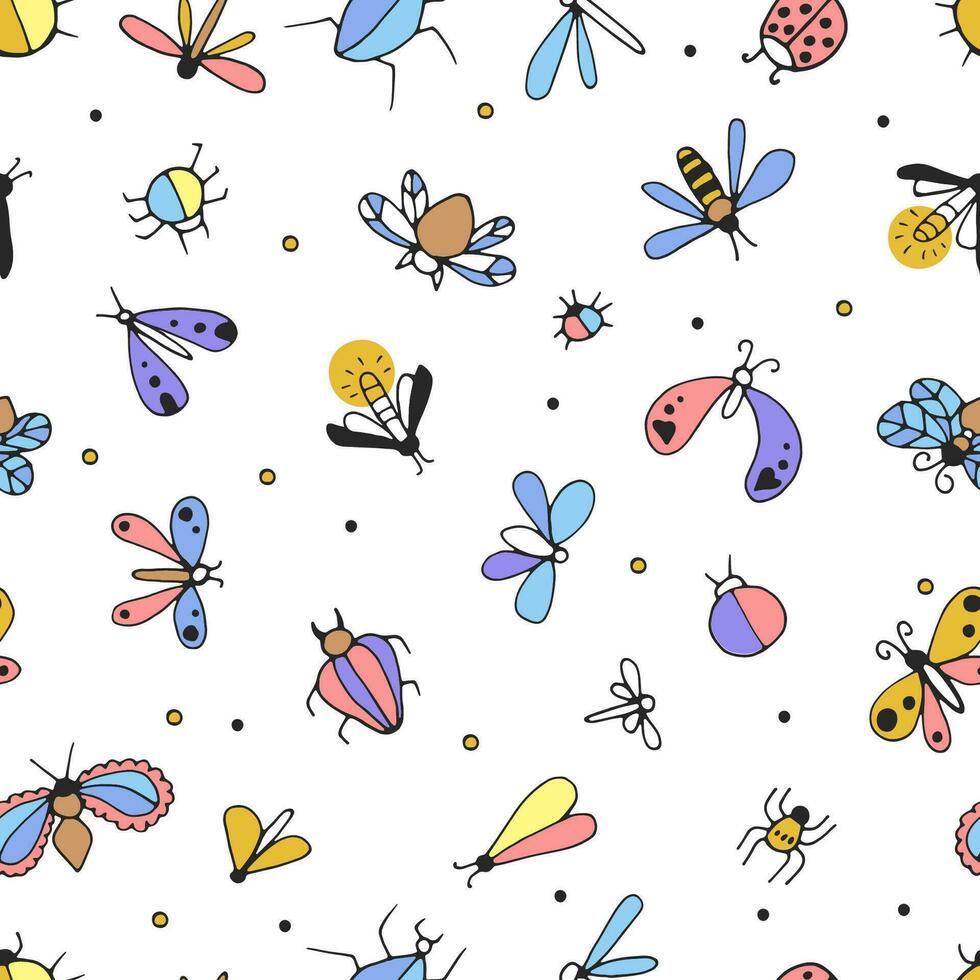 colorful beetles and butterflies, simple line drawing, black outline. Hand drawn, vector, seamless pattern. vector