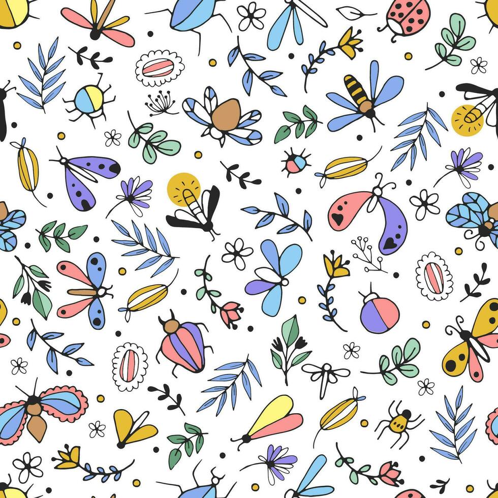 Seamless pattern with cute bugs, beetles, moth and insects, with floral elements, hearts and dots. Colorful hand drawn vector illustratio