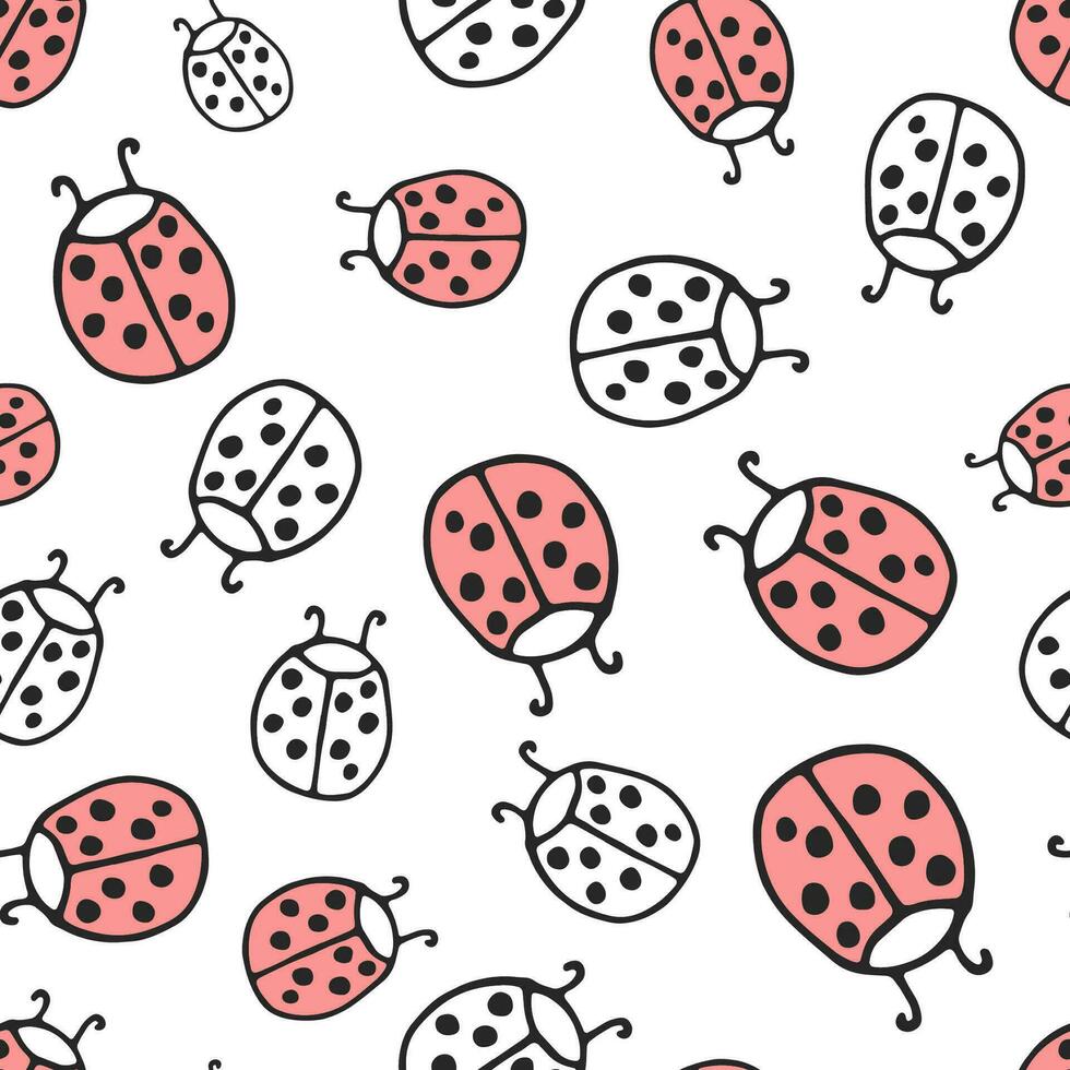 Seamless pattern of ladybugs on a white background. Hand drawn, vector. vector