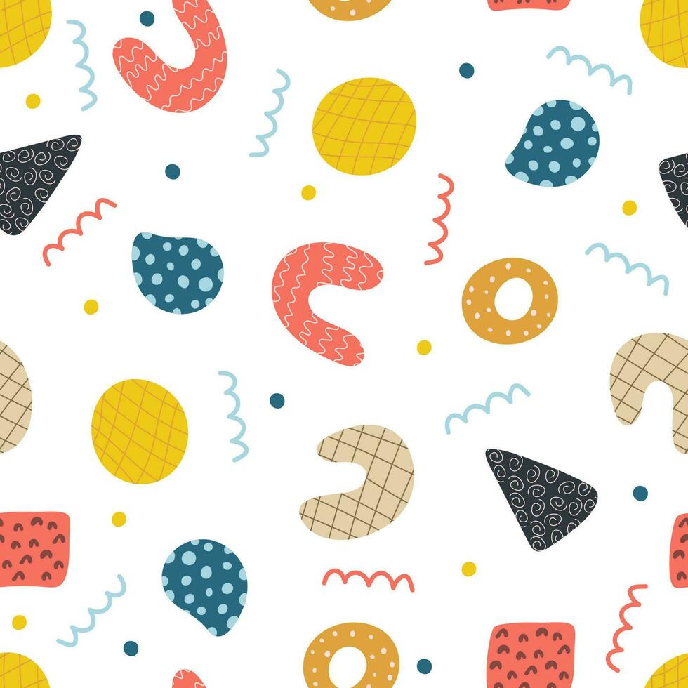 Abstract seamless shape with colorful geometric patterns. Flat cartoon background, simple random shapes in bright childish colors. Seamless pattern vector