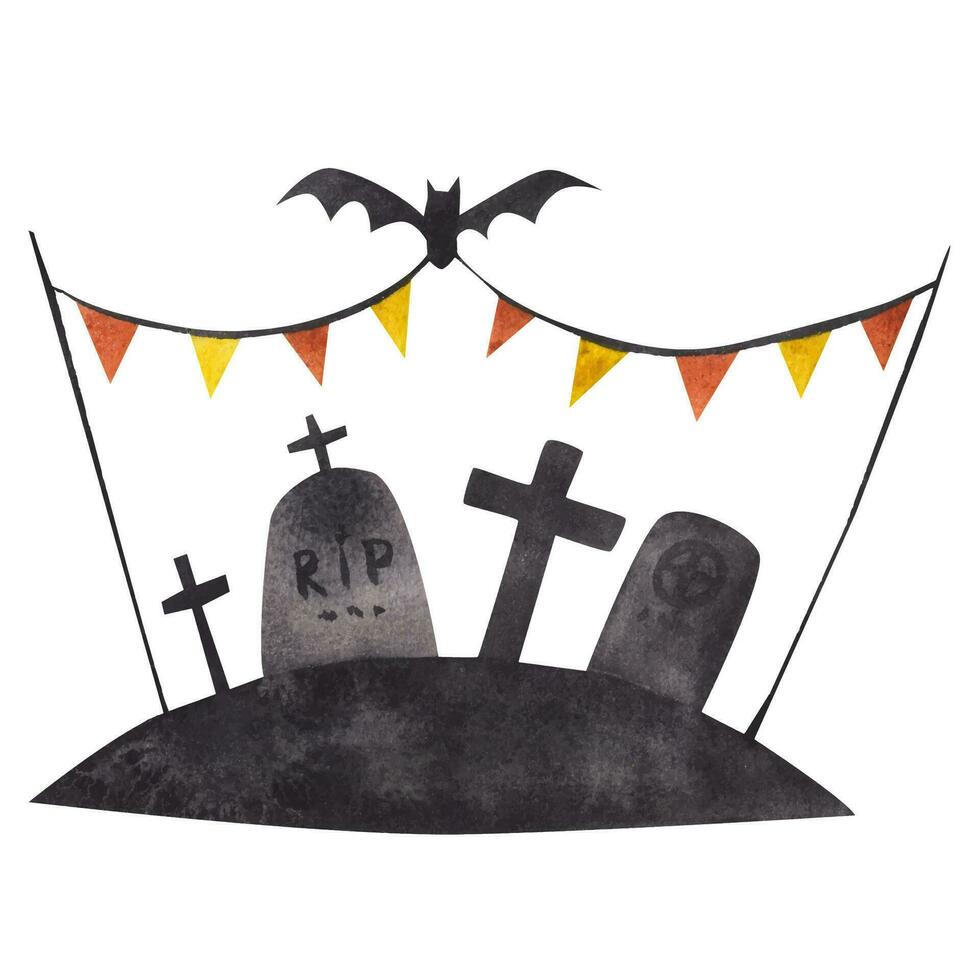 Cemetery, tombstones and crosses. Isolated element. watercolor illustration vector