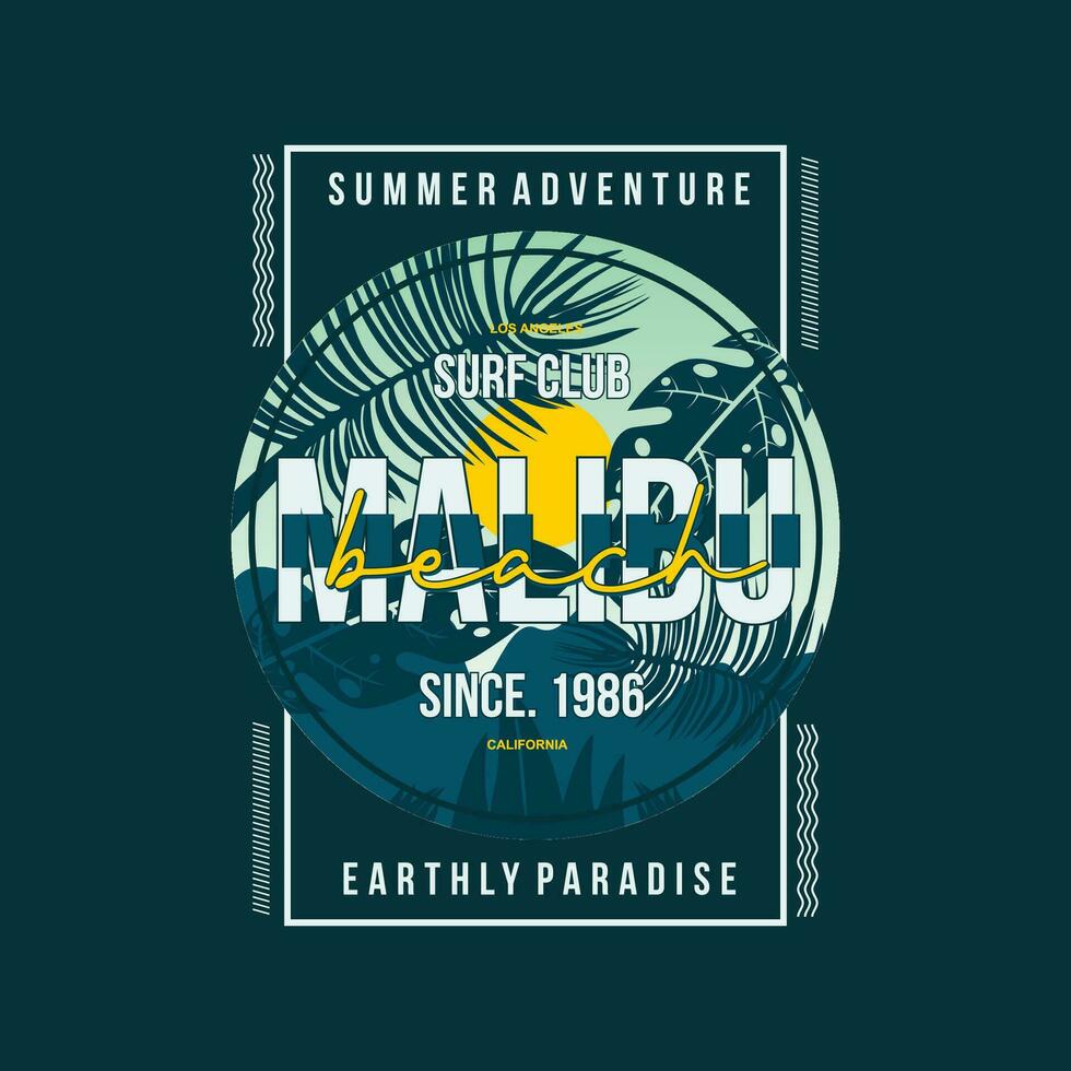 malibu on beach theme graphics design, surfing typography, t shirt vectors, summer adventure vector